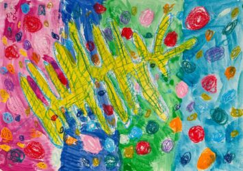Pastel and watercolour by Olivia Janover, Year 3, Melbourne Montessori College Student artwork inspired by Yayoi Kusama