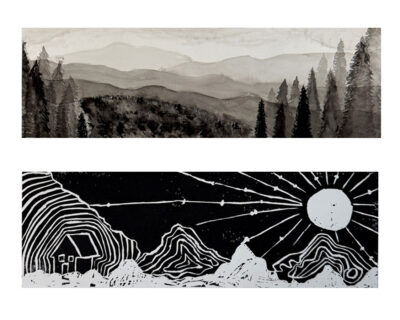 Lino cut print and watercolour by Sophia Pourgoutzidis, Year 8, Lowther Hall Anglican Grammar School Student artwork a landscape in watercolour and lino print