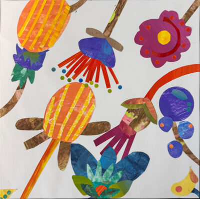 Monoprint and cut paper by Amelia Mammoliti, Year 7, Lowther Hall Anglican Grammar School Student artwork of a floral composition