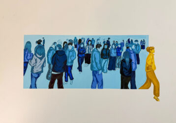 Gouache on illustration board by Natalie Joynson, Year 11, Hume Anglican Grammar Student artwork of a yellow figure breaking away from a faceless crowd of blue figures