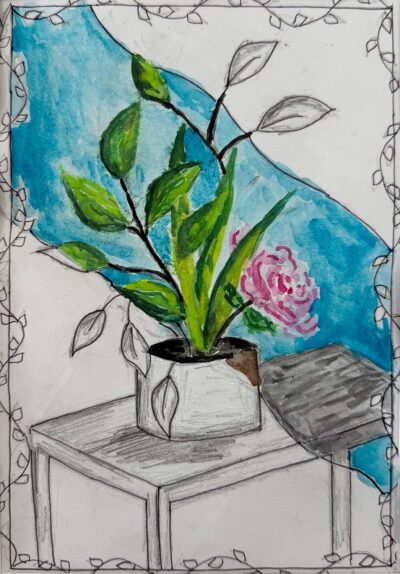 Watercolour and fibre tipped pen by Inika Timilsina, Year 7, Hume Anglican Grammar Student artwork of a pot plant in black and white and colour