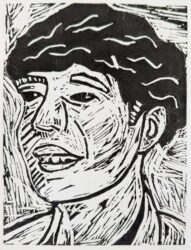 Student artwork of a lino print portrait