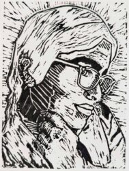 Student artwork of a lino print portrait