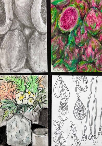 Oil pastel, pencil, chalk pastel and fibre tip pen by Pratika Kapoor, Year 7, Hume Anglican Grammar Student artwork of a still life with flowers and fruit
