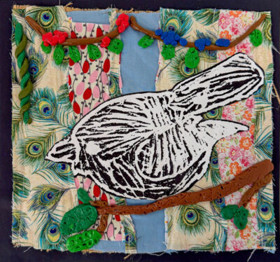 Lino cut print with mixed media by Namer Khatrha, Year 5, Lowther Hall Anglican Grammar School Student artwork of blue wren collage