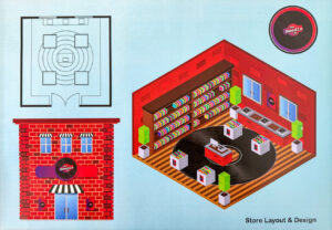 Digital print by Charlie Adams, Year 11, Alphington Grammar Student artwork digital illustration of a store layout and design