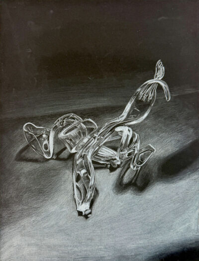 Student artwork of a tonal drawing of twisted cutlery
