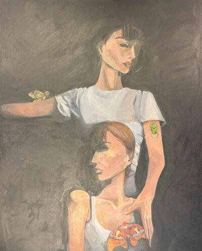 Student artwork of two girls with bugs