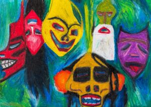 Drawing by Billie Lampard, Year 10, Alphington Grammar Student artwork of abstract emotional faces