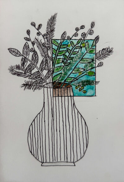 Student artwork of a vase with flowers in black and white and colour