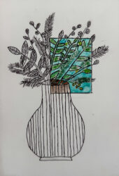 Student artwork of a vase with flowers in black and white and colour