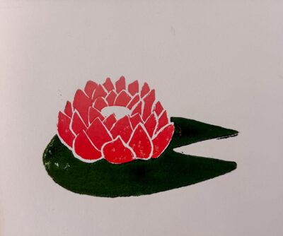 Student artwork of a waterlily lino print
